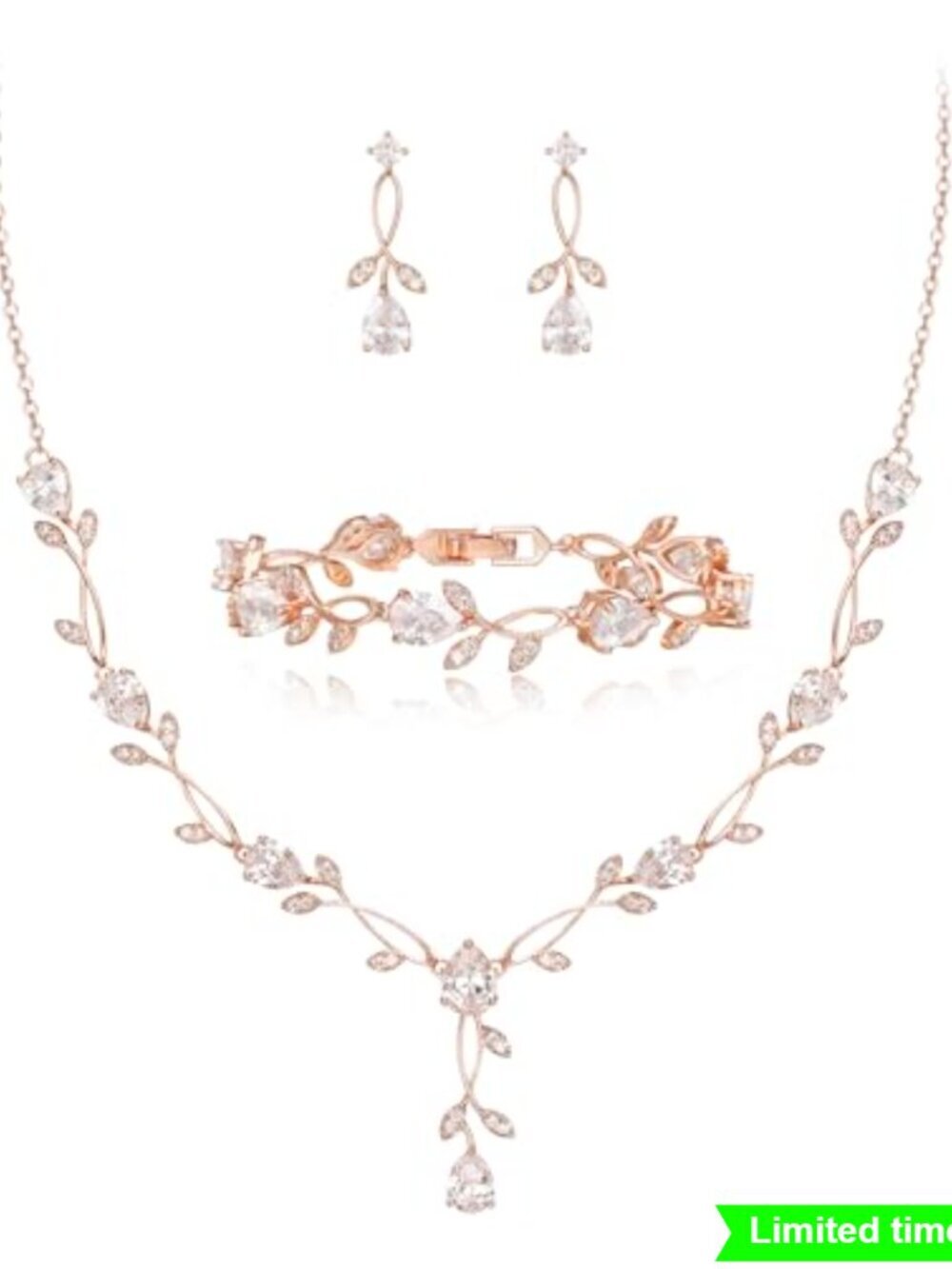 Cubic Zirconia Pearl Leaf Bridal Jewelry Set Necklace Earrings Bracelet